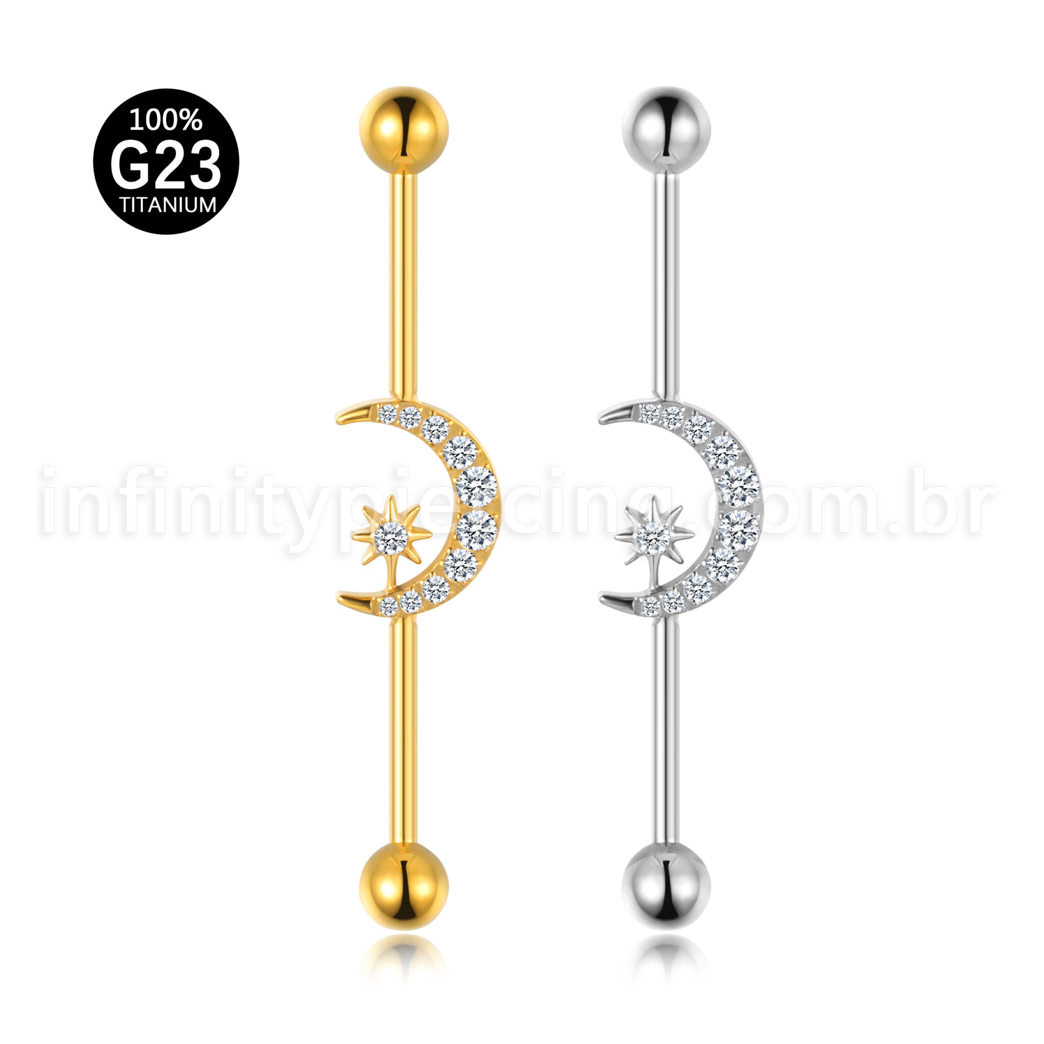 Piercing Transversal Titânio Lua/Estrela Zircônia Cravejada